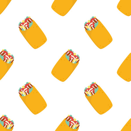 colorful seamless pattern with cartoon mexican burrito on white background, flat texture for fast food textile, wrapping paper, package, restaurant or cafe menu bannersのイラスト素材