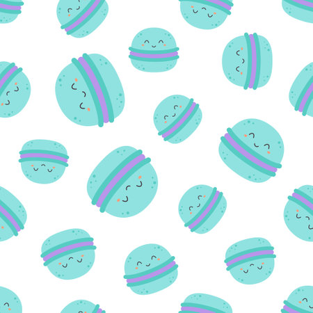 dessert seamless pattern, cartoon sweets colorful backdrop, cute macaroons character on white background, sweet wrapping paper, flat vector designのイラスト素材