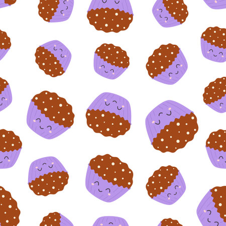 seamless pattern with muffins on white background, kawaii repeating background with sweet smiling dessert, cute wrapping paper, food hall, menu decoration, adorable food characterのイラスト素材