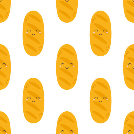seamless pattern fresh loaves bread isolated on white background, bakery shop design, cartoon loaf character, bakery productのイラスト素材