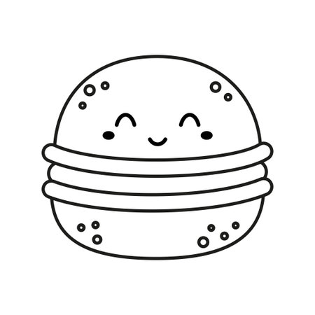 vector illustration of outline cute macaron icon isolated on white background, cartoon sticker, kawaii smiling food illustration, flat styleのイラスト素材