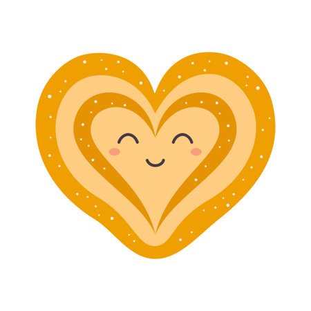 funny sweet bread character, bun in form of heart with cartoon face, cartoon flat vector illustration isolated on white backgroundのイラスト素材