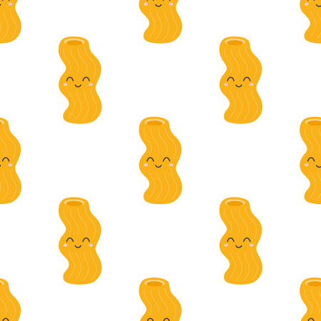 seamless pattern with happy italian macaroni food, cartoon pasta character, vector background with cute personages of cavatappi pastaのイラスト素材