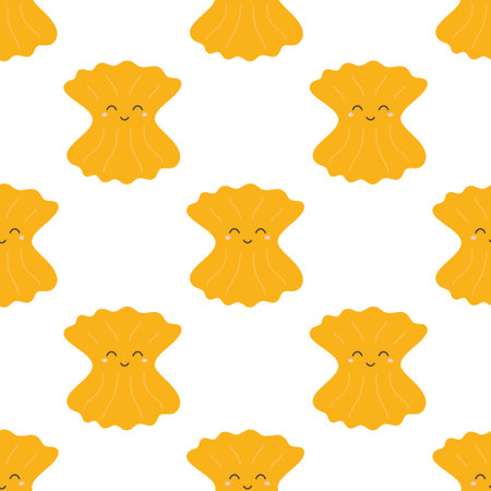 seamless pattern with cute farfalle rigate on white background, cartoon yellow farfalle pasta character, italian macaroniのイラスト素材