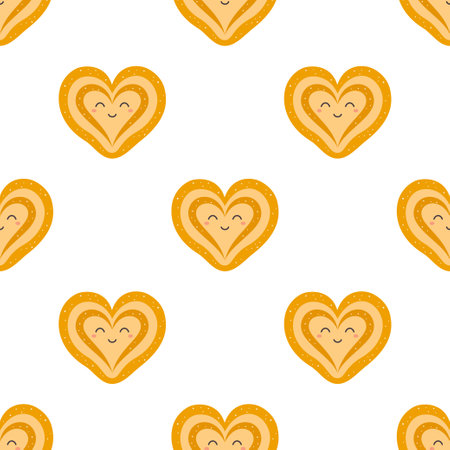 cinnamon bun seamless pattern, sweet roll in shape of heart character on white background, vector illustration in flat styleのイラスト素材