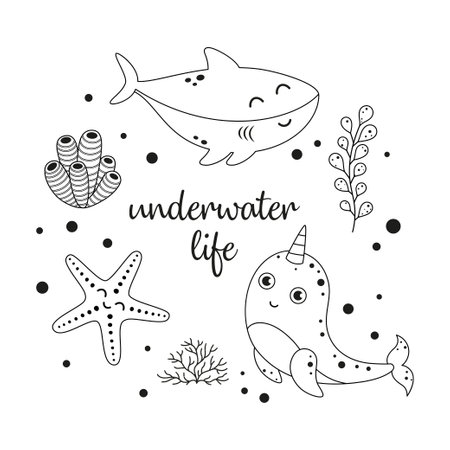 cartoon marine poster with black and white sea animals, underwater life with shark, narwhal, starfish and lettering on white backgroundのイラスト素材