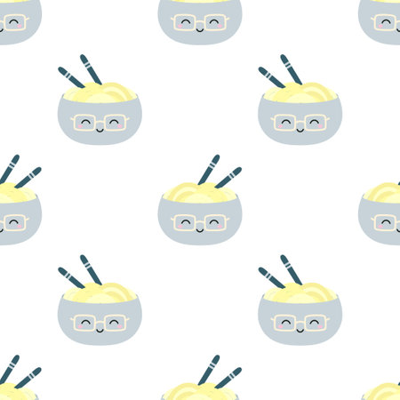 seamless pattern with cute noodles bowl and chopsticks, background with funny asian cuisine character, kawaii food for lunch or dinner, cartoon vector wallpaperのイラスト素材
