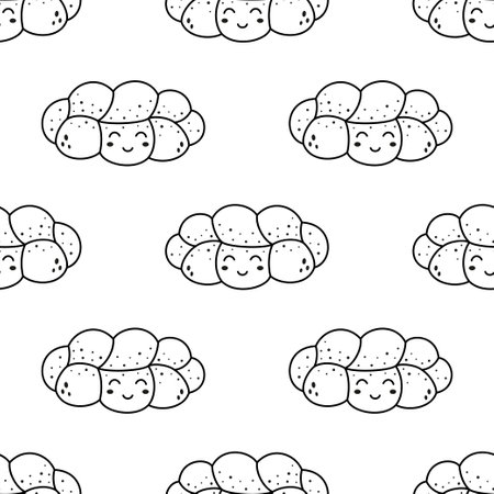 challah seamless vector pattern, unleavened jewish bread, holiday pastries, fresh egg bun with sesame seeds, food sketch character, line artのイラスト素材
