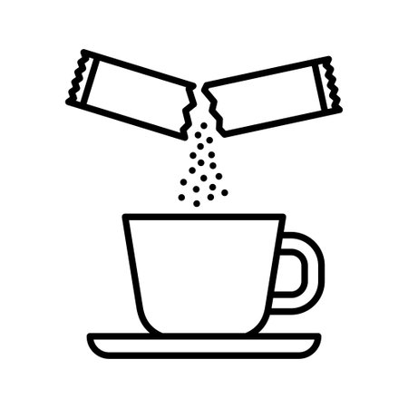 Pouring sugar in the cup, coffee or tea. Sachet packet soluble powder. Open paper pack stick with medication or food sugar. Vector illustration.のイラスト素材