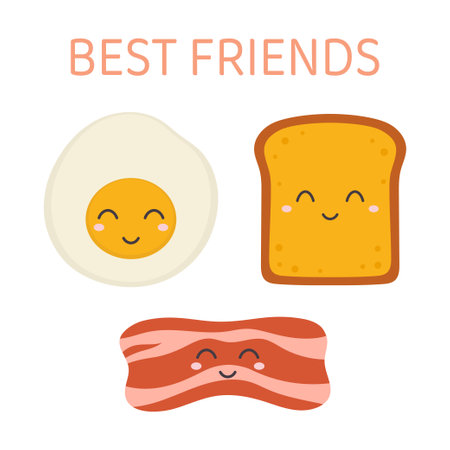 delicious breakfast of fried egg, bacon and slice of toasted bread character, vector illustration isolated on white backgroundのイラスト素材