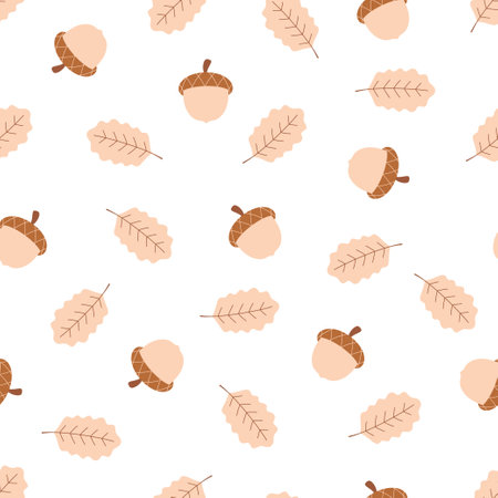 seamless pattern with acorns and oak leaves on white background, autumn vector illustration, flat styleのイラスト素材