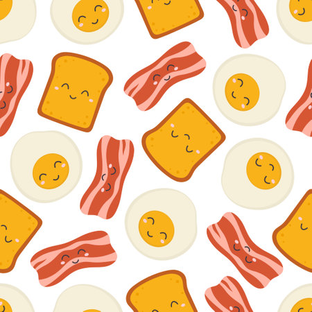 vector illustration of fried eggs, seamless patterns for healthy food packaging, breakfast background character with egg, toast and baconのイラスト素材