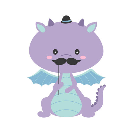 funny dragon dressed for carnival or masquerade costumes, cute colorful animal with mustache and top hat for happy father's day, childish print, cartoon flat designのイラスト素材