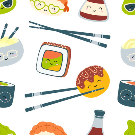 seamless pattern with cute sushi and roll in kawaii style with smiling face, japanese traditional food characters of sauce, noodle, takoyaki and chopsticks, cartoon flat backgroundのイラスト素材