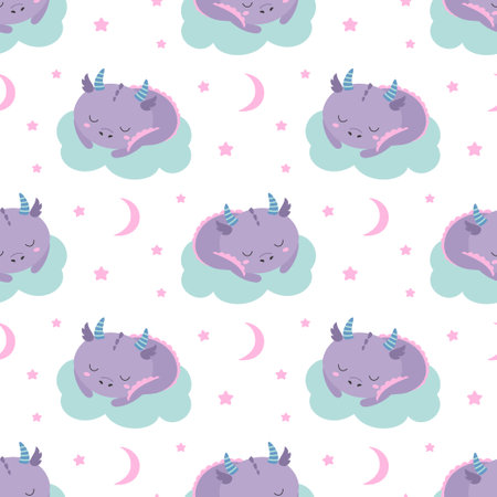 cute little dragon sleeping on cloud, seamless pattern for children on white backgroundのイラスト素材