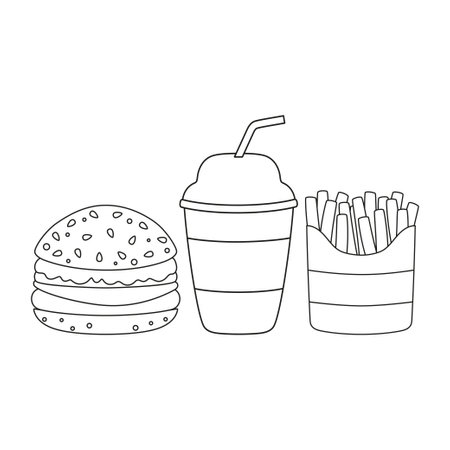 fast food icon, outline set of French fries, burger and drink, flat design on white backgroundのイラスト素材