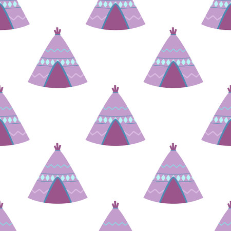 seamless pattern with colorful wigwams on white background, flat cartoon style, wild west concept...
