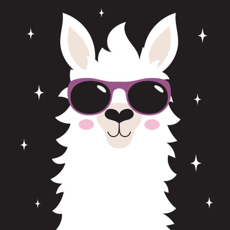 cute llama with sunglasses, flat vector illustration isolated on white backgroundのイラスト素材