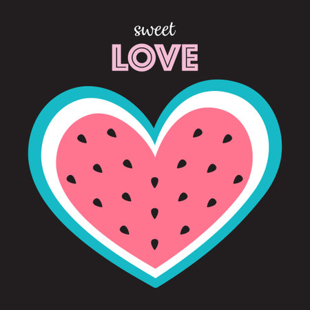 cute watermelon heart on black background, heart shaped half watermelon for valentines day, flat cartoon styleのイラスト素材