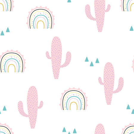 black and white scandinavian print, seamless pattern with cactus and rainbow, child trendy backgroundのイラスト素材