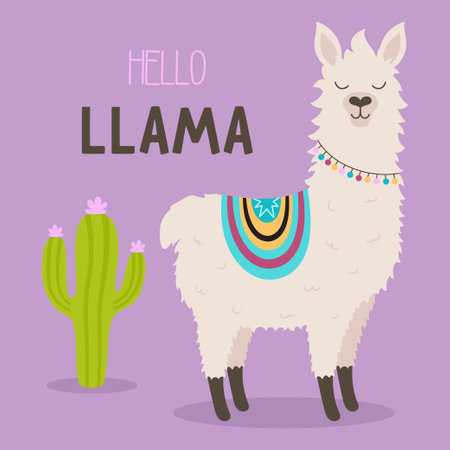 funny llama or alpaca in cartoon style, flat vector illustrationのイラスト素材