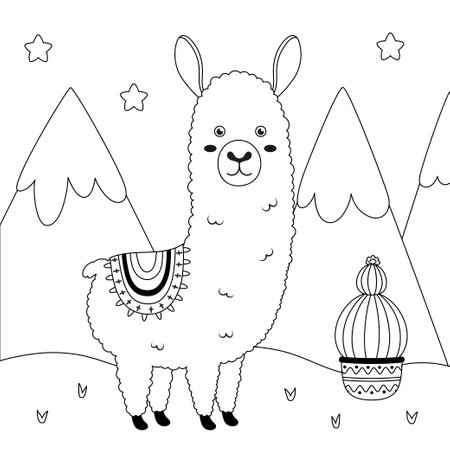 coloring page with cute llama and cactus, black and white background for coloring with alpaca, outline card for kids, flat vector illustrationのイラスト素材