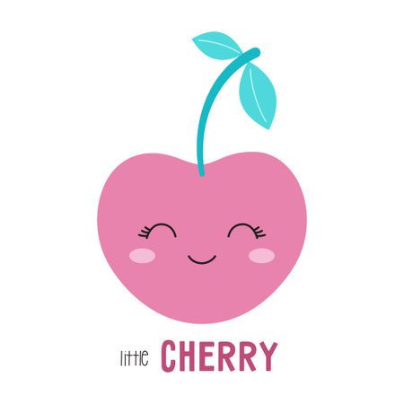 cartoon card with cute cherry character, childish vector illustration with smiling pink berry isolated on white background, print with funny fruitのイラスト素材
