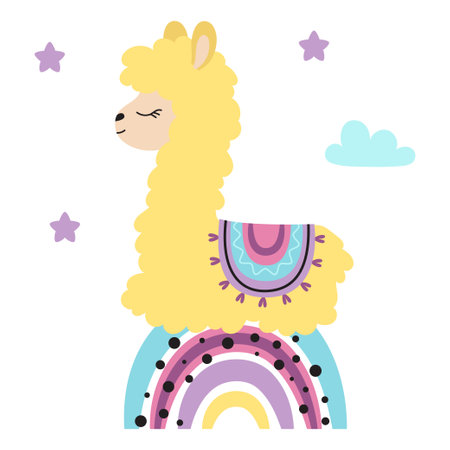 cute card with llama, star, cloud and rainbow, design elements for postcards, covers and printing on fabric, cartoon flat vector collectionのイラスト素材