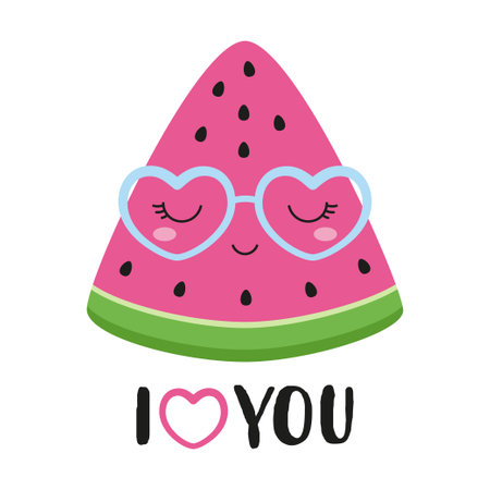 cute cartoon watermelon in sunglasses and lettering with heart, vector illustration for valentine card, textile print, paper, flier, stickerのイラスト素材