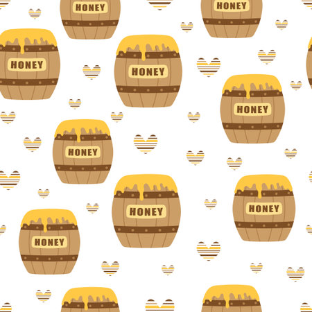 seamless pattern with wooden barrels of honey isolated on white background, flat styleのイラスト素材