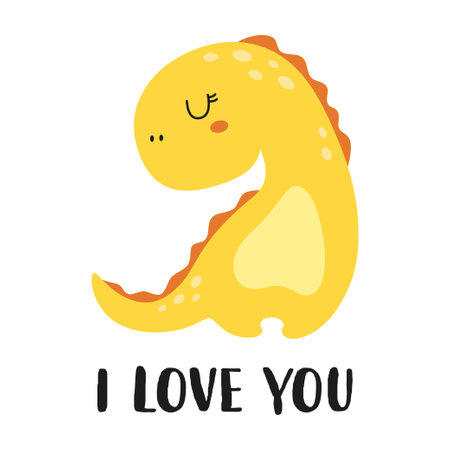 cute cartoon dinosaur with inscription I love you, greeting card for Valentines day, flat vector illustrationのイラスト素材