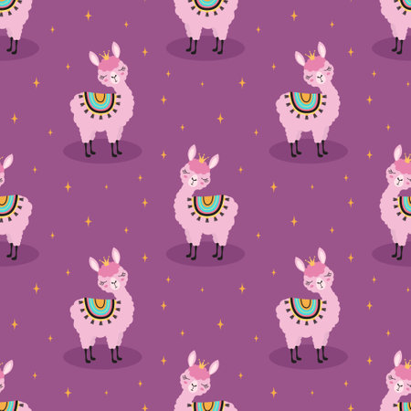 seamless pattern with llama princess and stars, creative childish texture, great for fabric, textile, flat vector Illustration with cute animal in crownのイラスト素材
