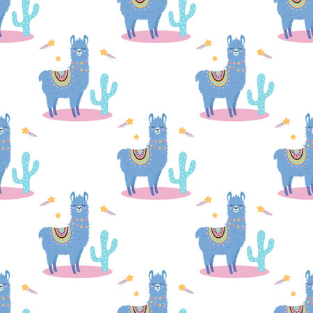 seamless pattern of llama, cactus and stars, great for fabric, textile, flat vector backgroundのイラスト素材