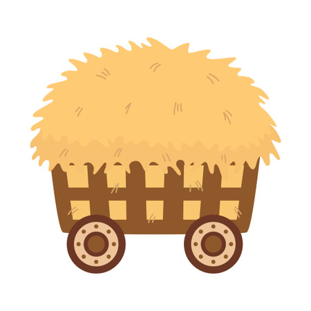 wooden four wheel cart with hay, flat vector illustrationのイラスト素材