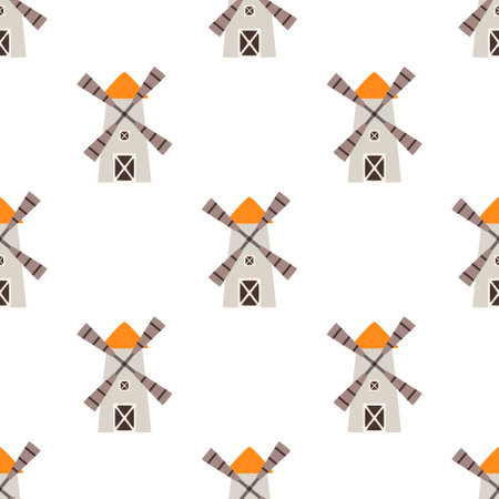 seamless pattern with cartoon mill, farm, flat vector illustration for kids, design for fabric, textile, wrapper and printのイラスト素材