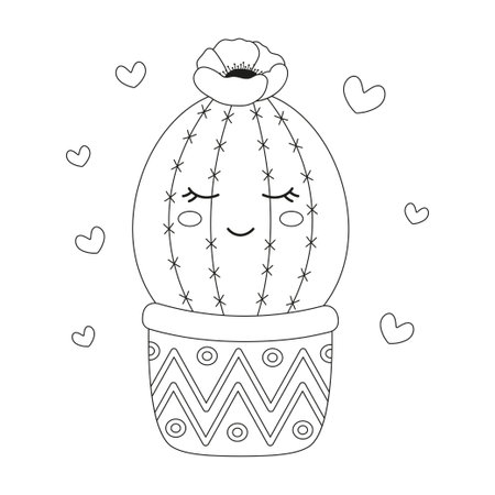 outline cactus character, cute plant in pot with hearts, valentines day greeting card designのイラスト素材
