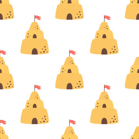 sand castle seamless pattern on white background, cartoon vector illustration of beach theme, flat designのイラスト素材