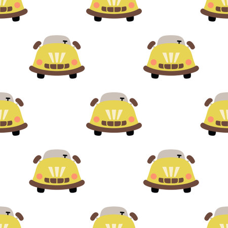 infant cute pattern with car, sweet cartoon little transport for preschoolers, nice seamless ornament on white background, simple flat vector illustrationのイラスト素材