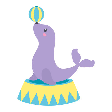 fur seal on circus stand with ball, vector illustration of seal animal, cartoon flat styleのイラスト素材
