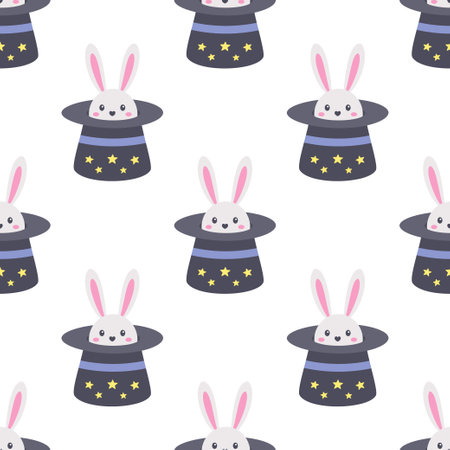 rabbit ears in magic hat on white background, circus seamless pattern with bunny in hat, flat vector illustrationのイラスト素材
