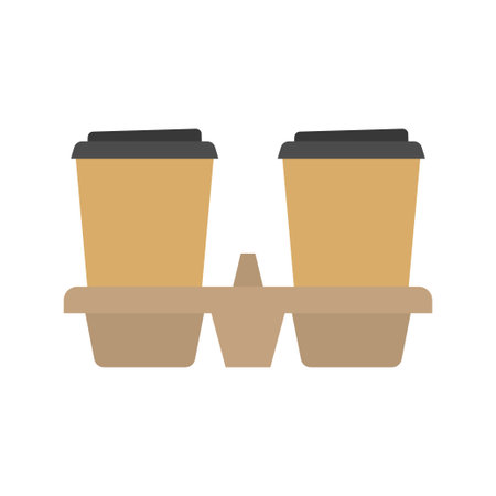 Take-out coffee in holder. Two takeaway paper coffee cups in carton holder. Coffee to go. Vector illustration.のイラスト素材