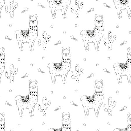 seamless pattern with llama and cactus, outline flat vector illustrationのイラスト素材
