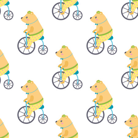 seamless pattern with funny cartoon circus bear wearing bow tie and riding bicycle on white background, flat vector illustration for textile printのイラスト素材