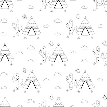 scandinavian outline seamless pattern with wigwam, cactus, butterflies and clouds, indian tribal background, cartoon illustrationのイラスト素材