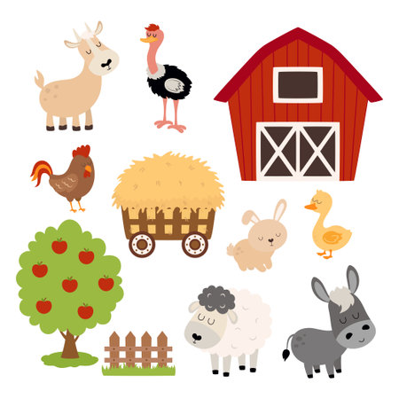 farm flat vector illustration, cartoon set with animals, tree and building isolated on whiteのイラスト素材