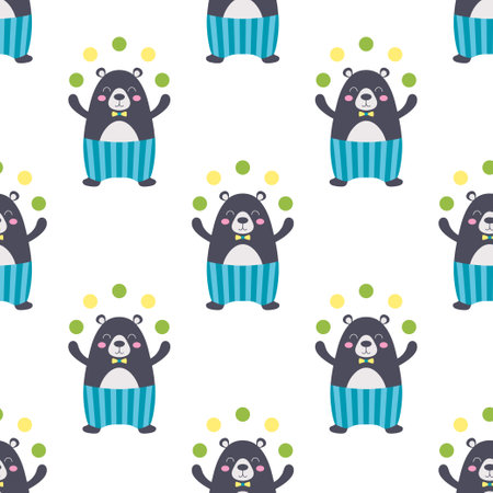 seamless pattern with circus animal, vector childish background with funny bear jugglerのイラスト素材