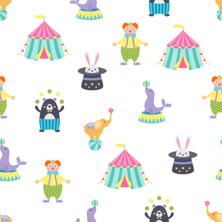 circus seamless pattern with tent, animals and clown, flat styleのイラスト素材