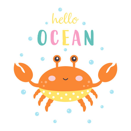childish card with cute cartoon crab on white background with inscription hello ocean, flat vector illustrationのイラスト素材