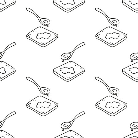 healthy and wholesome breakfast with honey and toast, outline flat seamless pattern isolated on white backgroundのイラスト素材