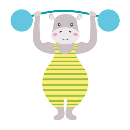 funny cartoon circus hippopotamus, strong muscular athlete lifts the barbell, flat vector animal character with heavy metal barbellのイラスト素材